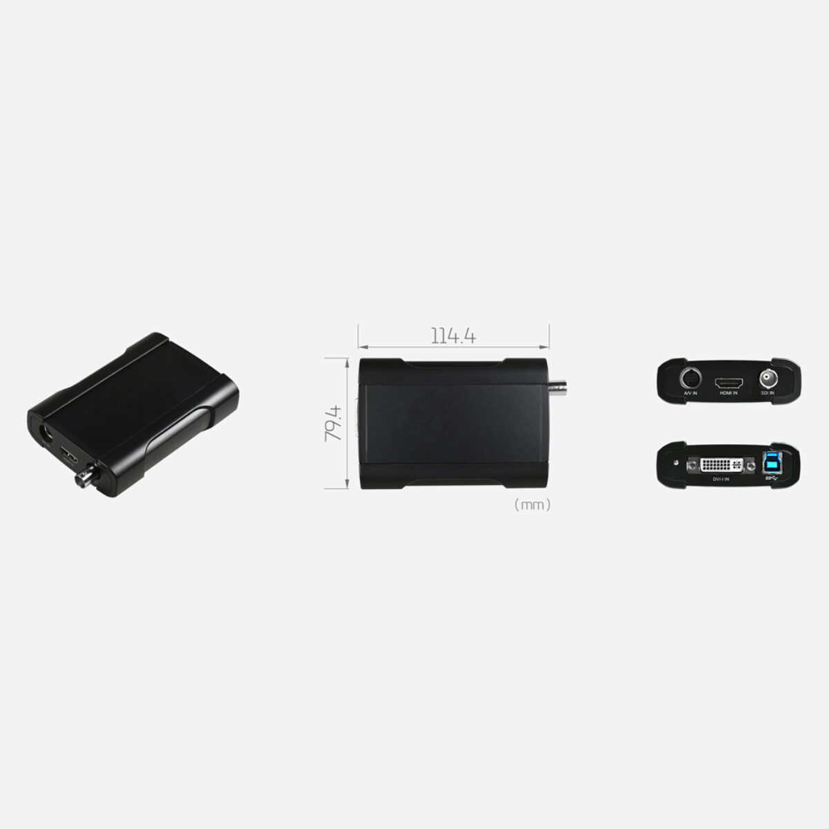 Yuan UB570 PRO AIO capture box, black enclosure with dimension drawing and end views of AV, HDMI, SDI, DVI-I and USB