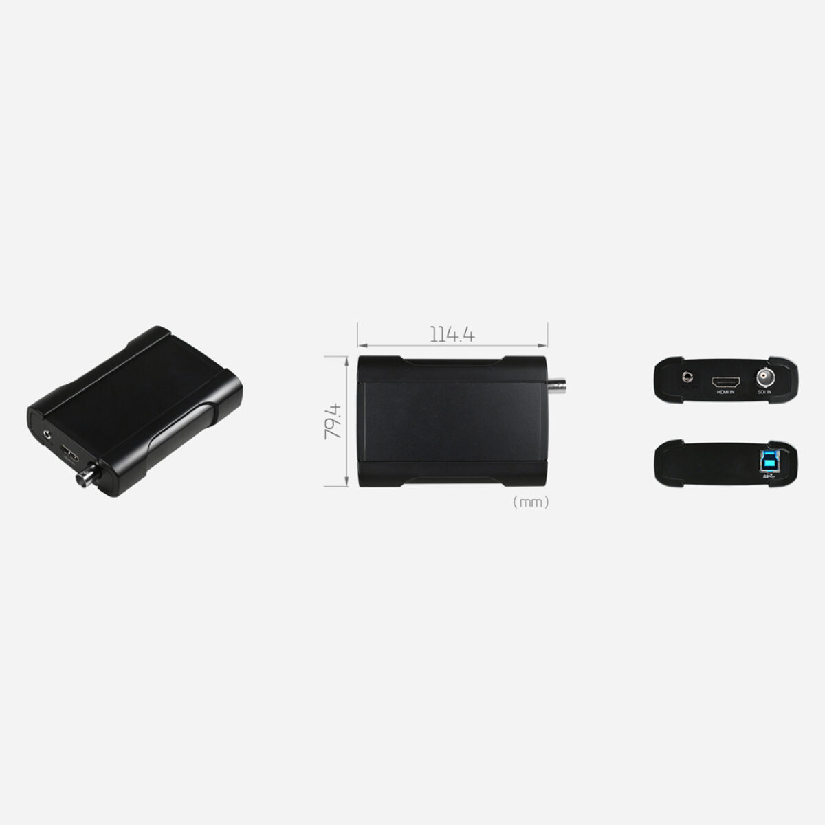 Yuan UB570 Pro SDI+HDMI capture box, black enclosure with dimension drawing and end views of HDMI, SDI and USB ports