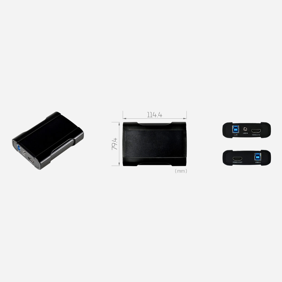 Yuan UB570G PRO HDMI2.0 HDR HID+ capture box, black enclosure with drawing and views of HDMI in, out and USB ports