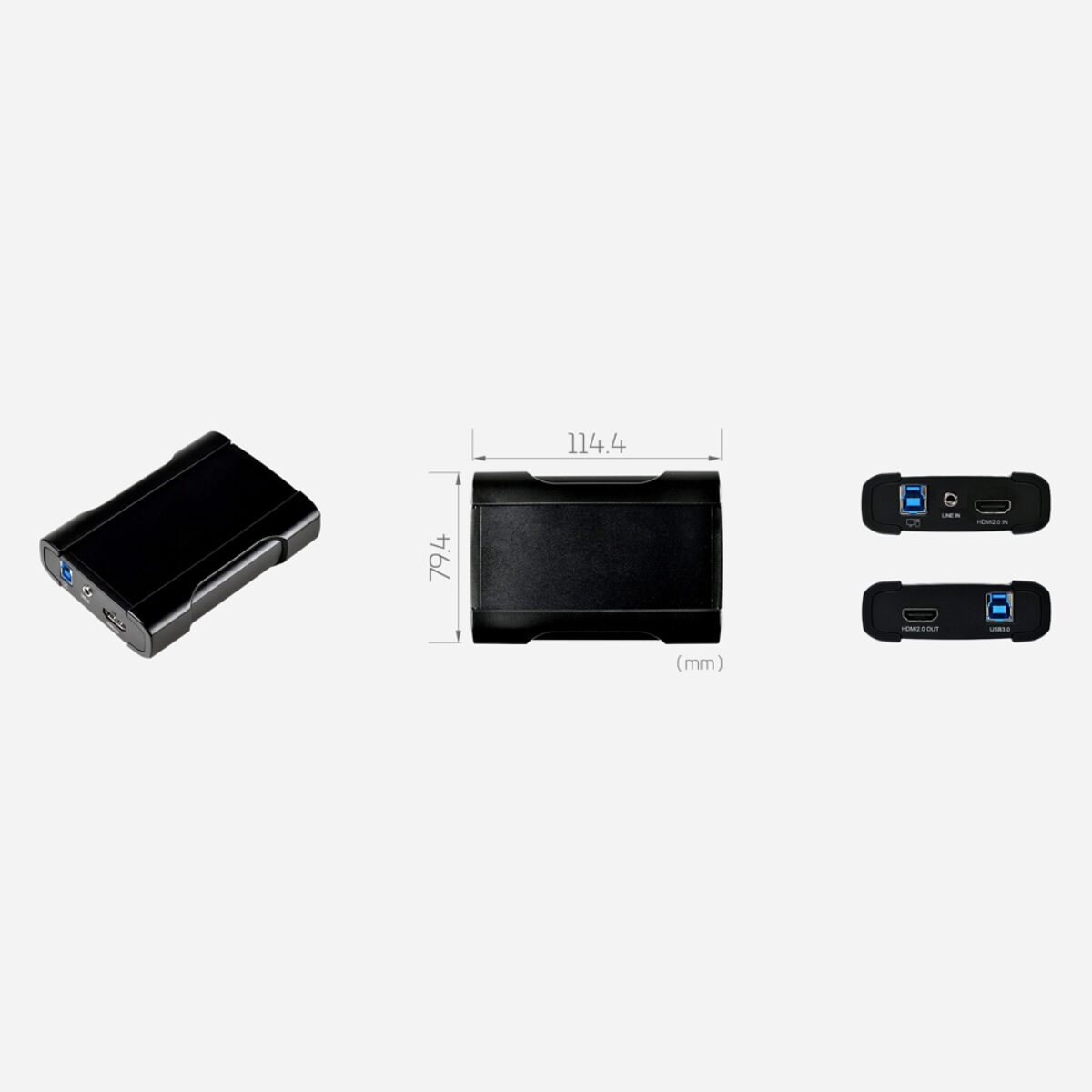 Yuan UB575G HDMI2.0 HDR HID+ capture box, black enclosure with drawing and views of HDMI in, out and USB ports
