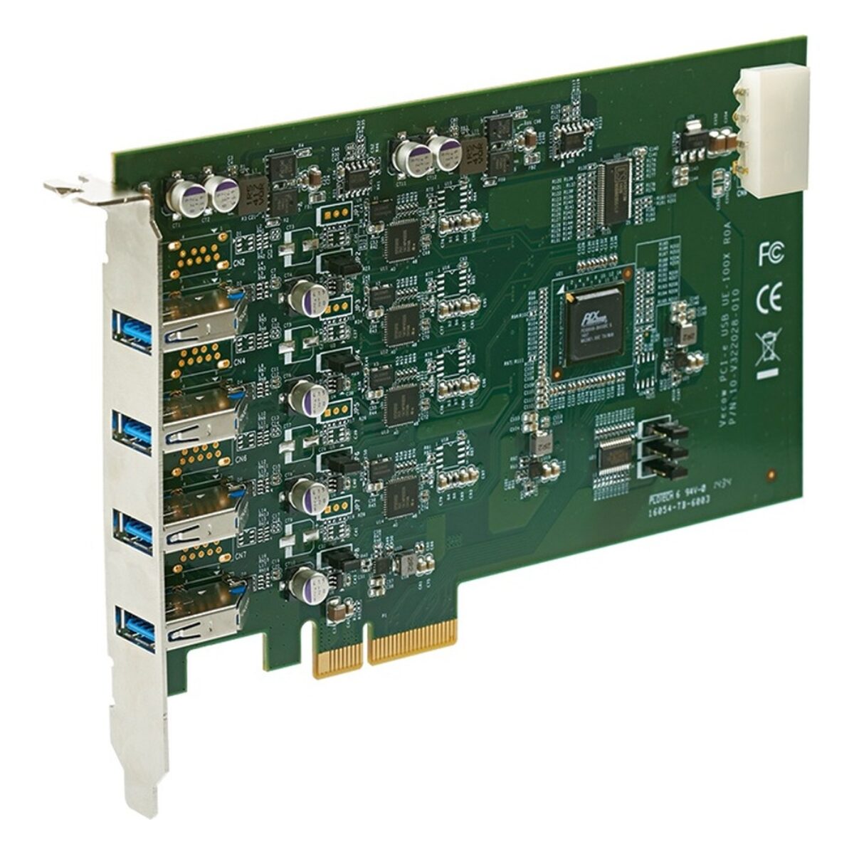 Vecow UE-1004 four-port USB 3.0 PCIe x4 card for vision cameras, angled view