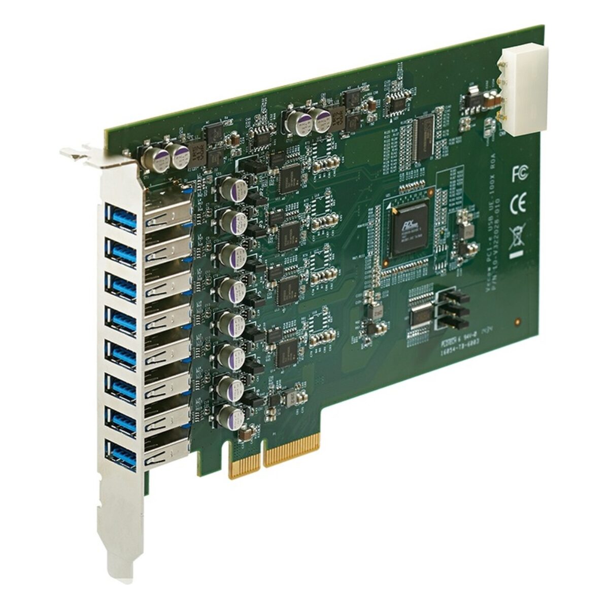 Vecow UE-1008 eight-port USB 3.0 PCIe x4 card for multi-camera vision systems, angled view