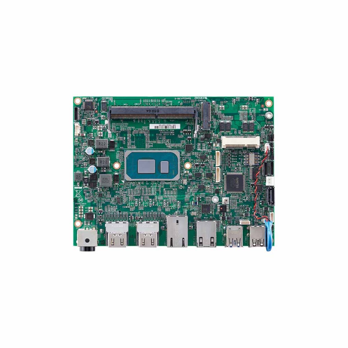 Nexcom V1100 EPIC SBC, top view with SO-DIMM socket, four HDMI, two RJ45 and USB ports