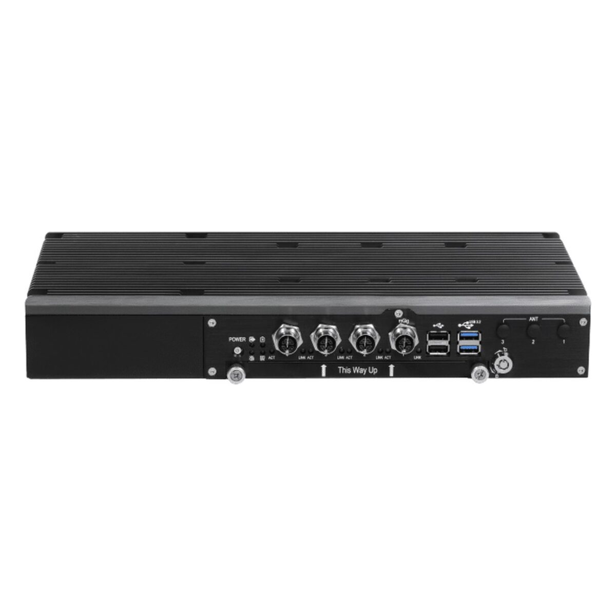 Sintrones VBOX-3630R-M12X Intel 11th Gen Core railway computer, front view with M12 connectors