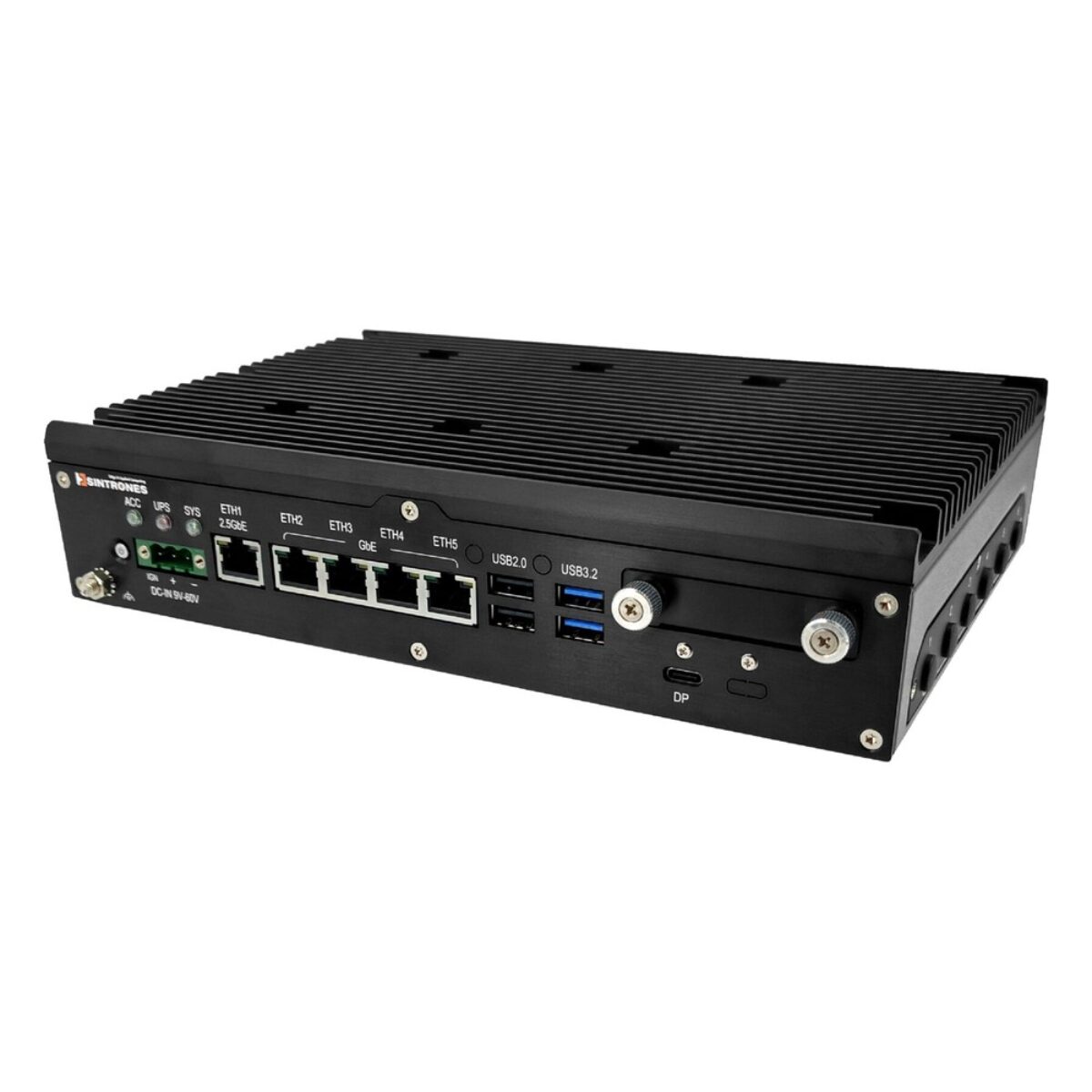 Sintrones VBOX-3631 Intel Core Series 3 rugged edge AI computer, angled view with LAN ports