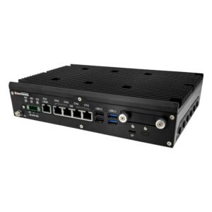 Sintrones VBOX-3631 Intel Core Series 3 rugged edge AI computer, angled view with LAN ports