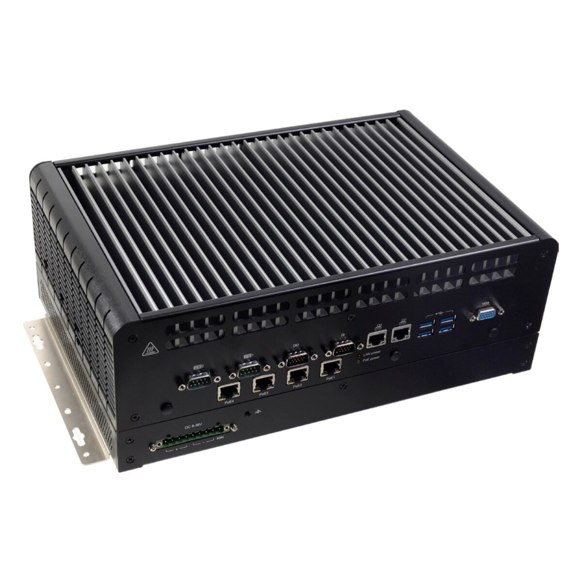 DFI VC300-CS in-vehicle fanless PC, angled view with four PoE LAN, COM, USB and VGA