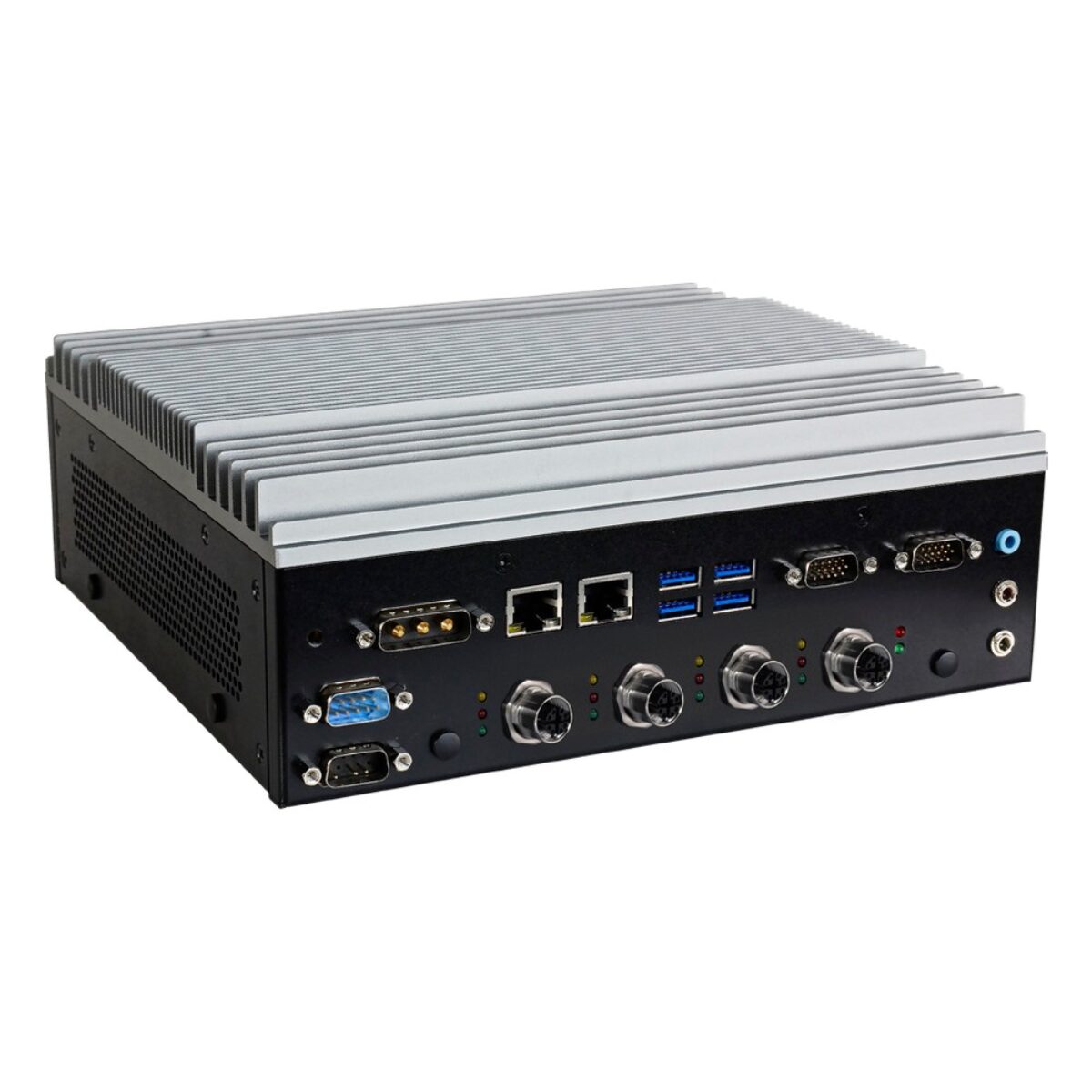 DFI VC500-CMS-POEM12 in-vehicle fanless PC, angled view with four M12 PoE ports