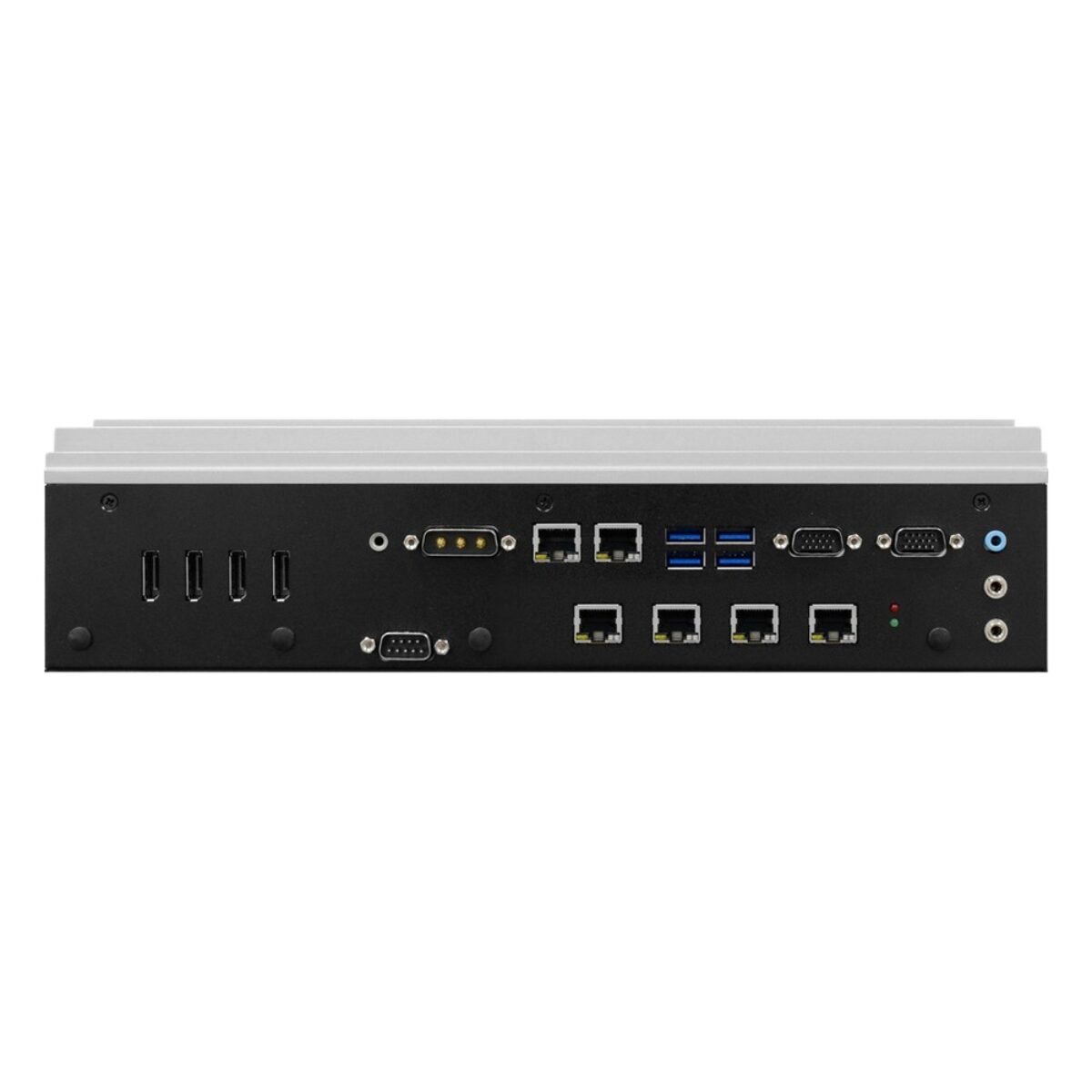 DFI VC500-CMS-MXM PoE front panel with four MXM DisplayPort, four PoE LAN, two LAN and USB
