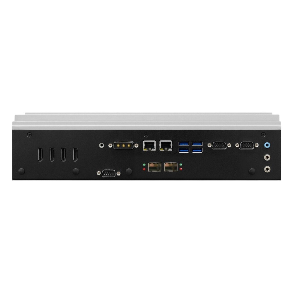DFI VC500-CMS-MXM-10G front panel with four MXM DisplayPort, two SFP+, two LAN and USB