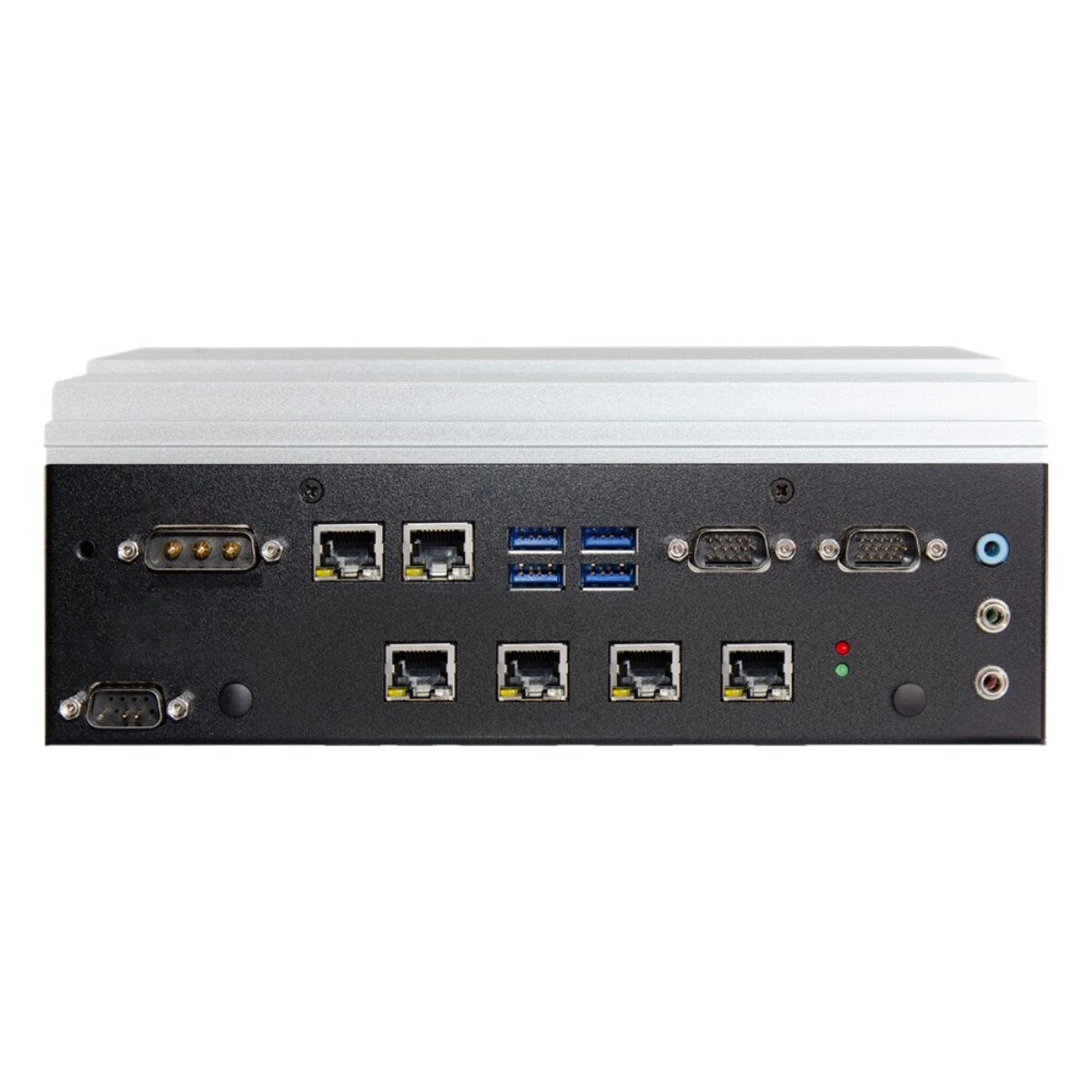DFI VC500-CMS-POE front panel with four PoE LAN, two LAN, four USB, COM and power input