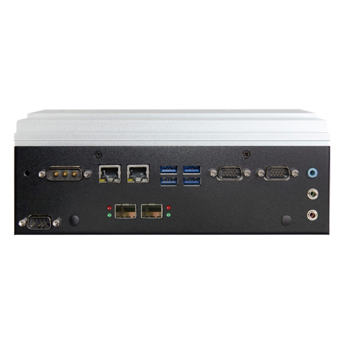 DFI VC500-CMS-10G front panel with two SFP+ cages, two LAN, four USB, COM and power input