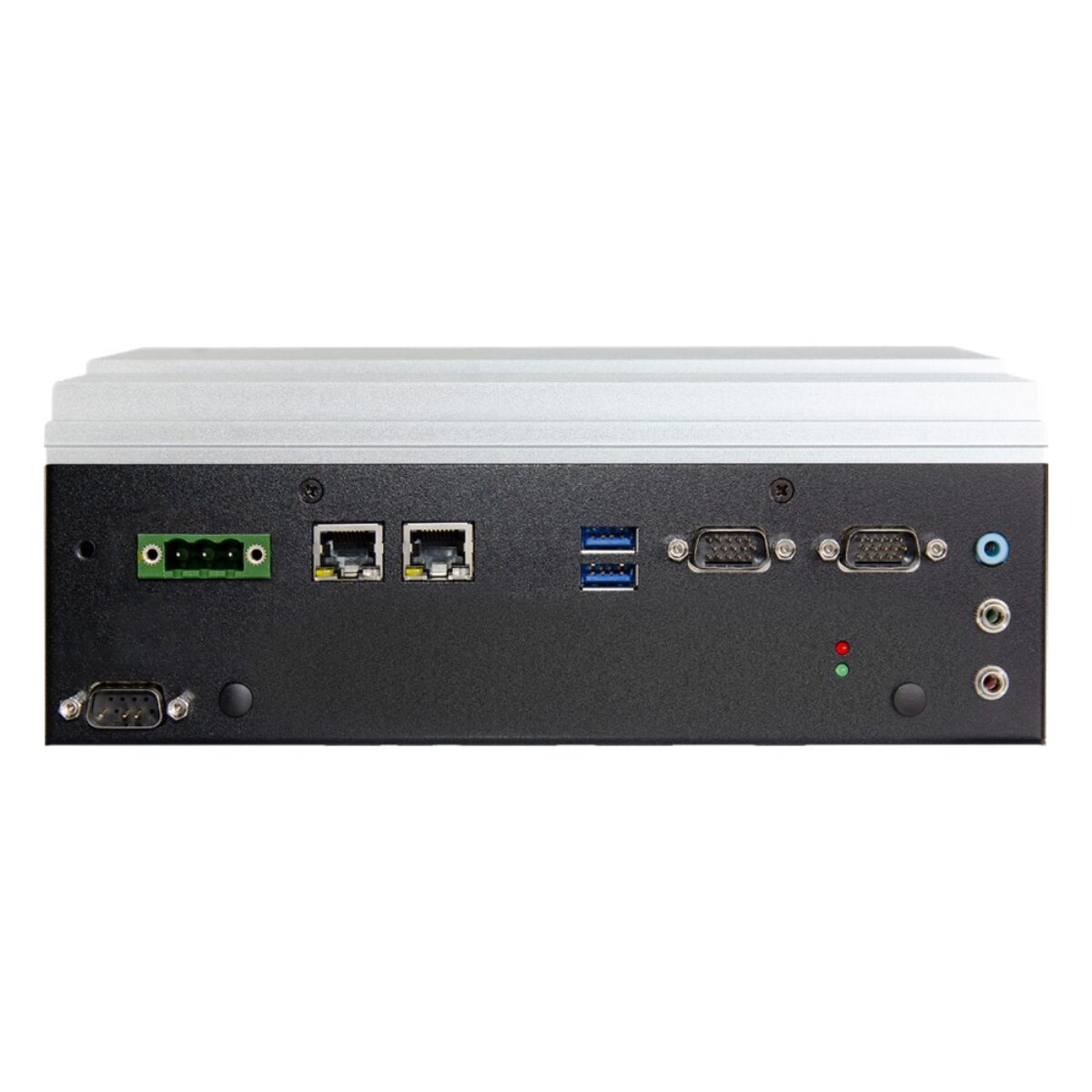 DFI VC500-CMS front panel with terminal block power, two LAN, two USB and three COM