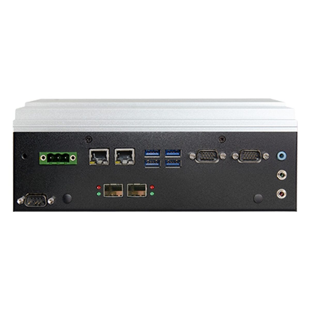 DFI VC500-CMS-10G-W front panel with terminal block power, two SFP+ cages and two LAN