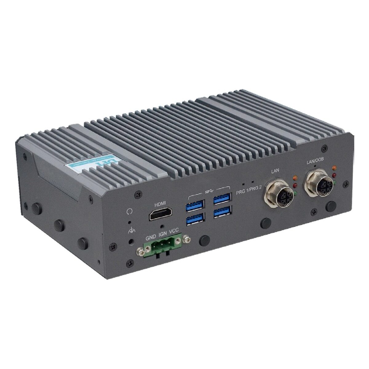 DFI VC700-ASL in-vehicle fanless PC, angled view with HDMI, four USB and two M12 LAN