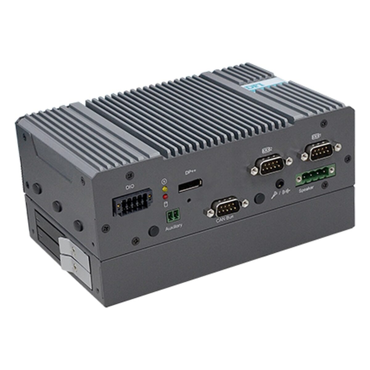 DFI VC700-ASL with SSD bay module fitted beneath, angled view with DIO, DisplayPort and COM