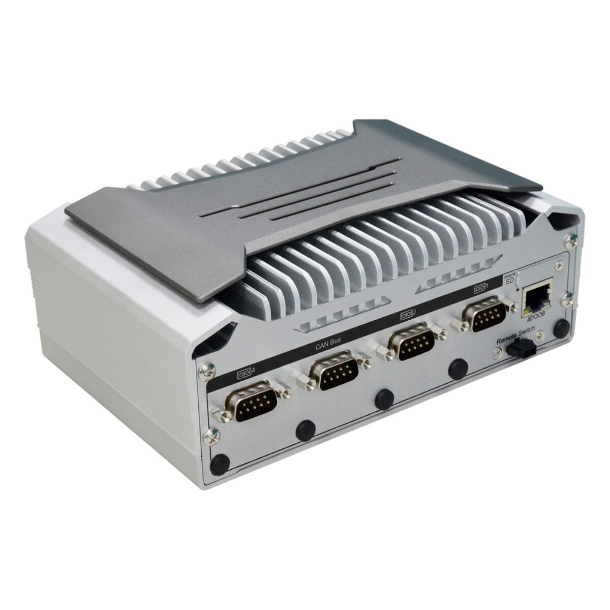 DFI VC70B-MTH in-vehicle fanless PC, angled view with four COM ports incl. CAN and OOB LAN