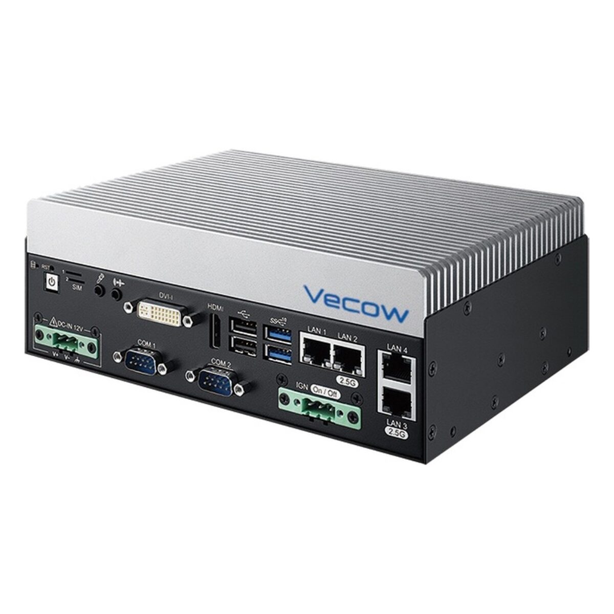 Vecow VCM-2000 compact industrial computer, angled view with DVI, USB, LAN, COM and DC terminal block