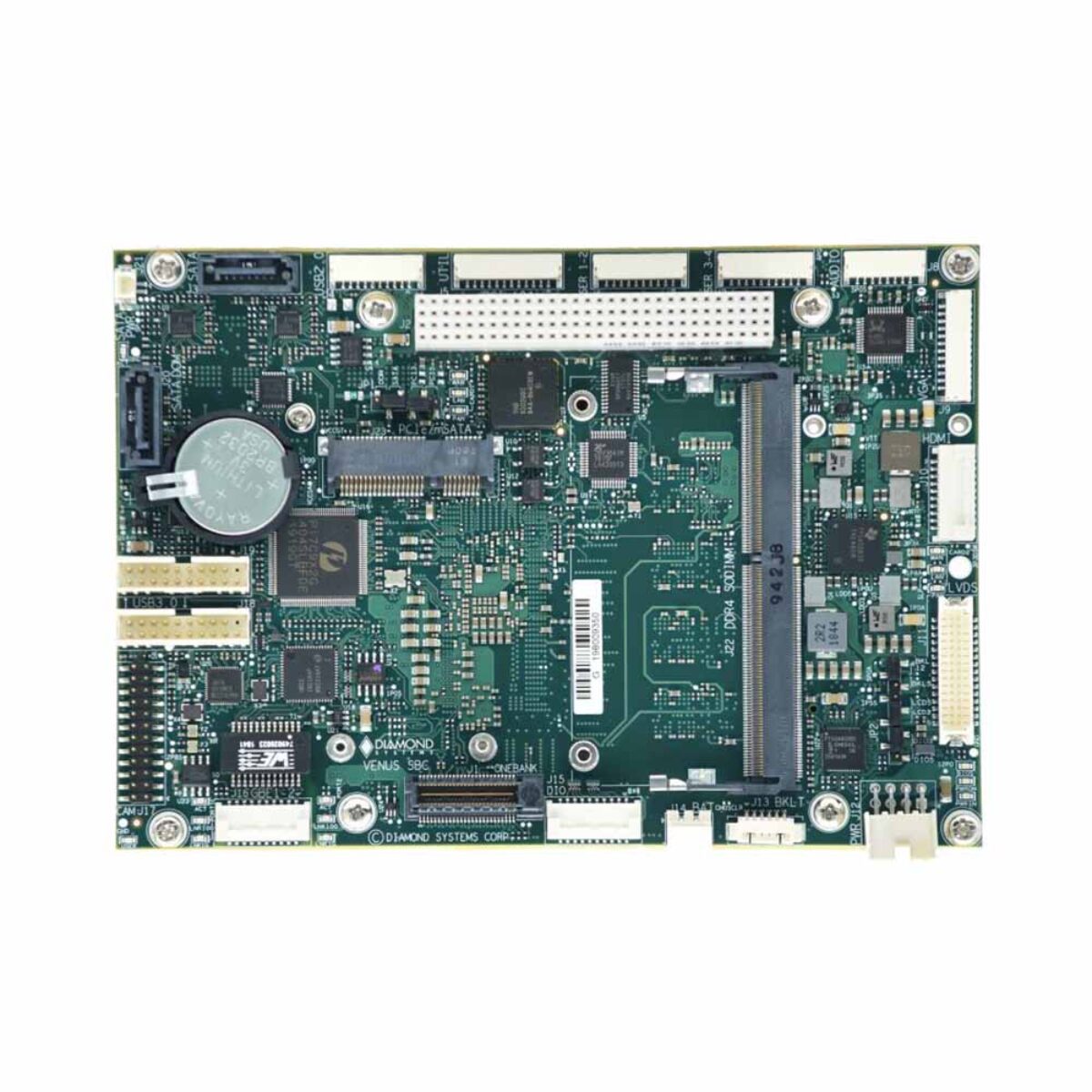 Diamond Systems VNS776KL-4GD 3.5" SBC, top view with PCI-104 socket, SODIMM socket and SATA connectors