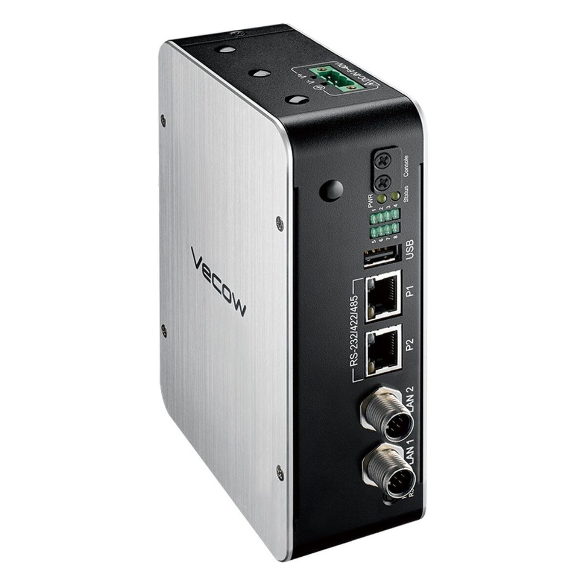 Vecow VIG-100M IoT gateway (M12 build), angled view with M12 LAN connectors and status LEDs