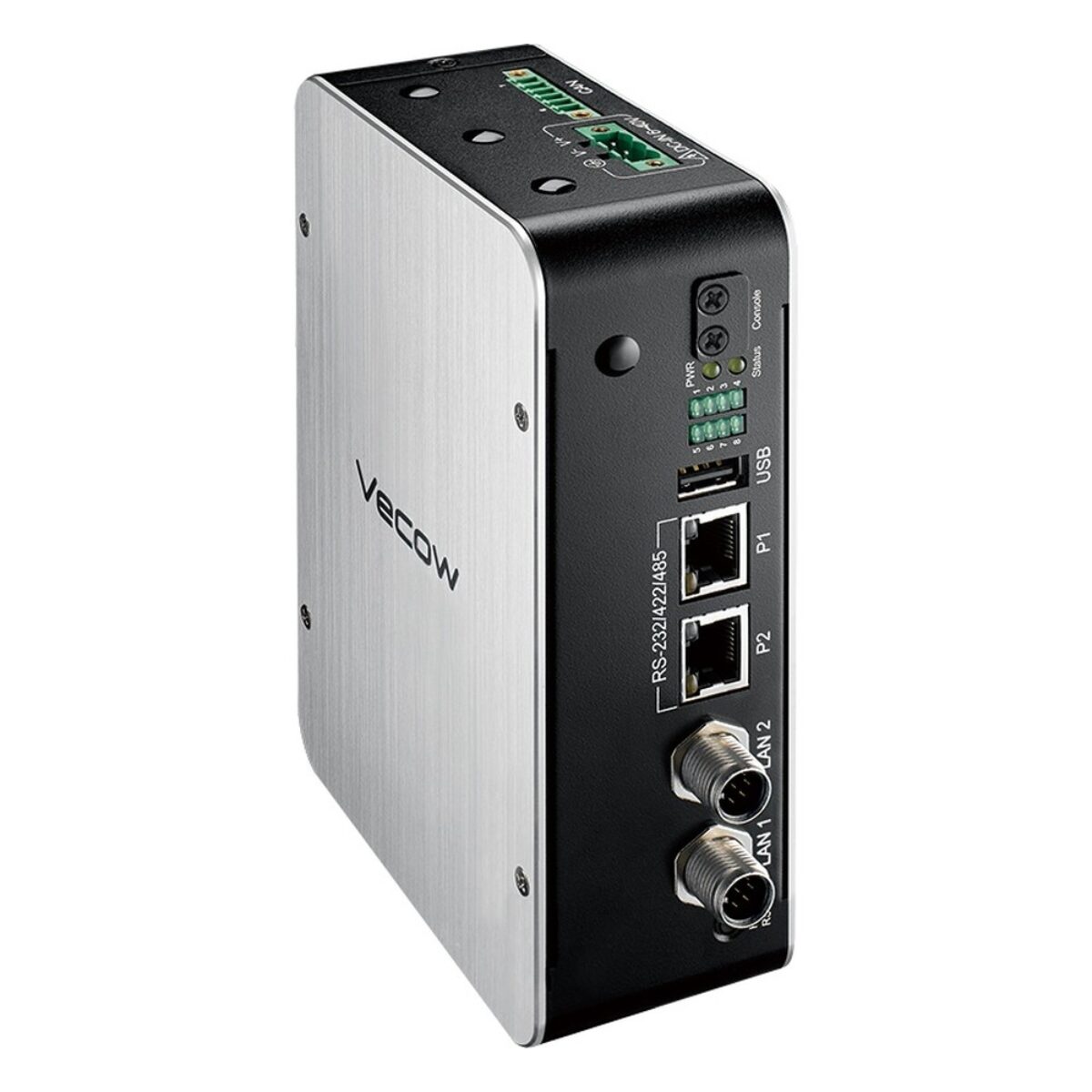 Vecow VIG-120M IoT gateway (M12 build), angled view with M12 LAN connectors and status LEDs