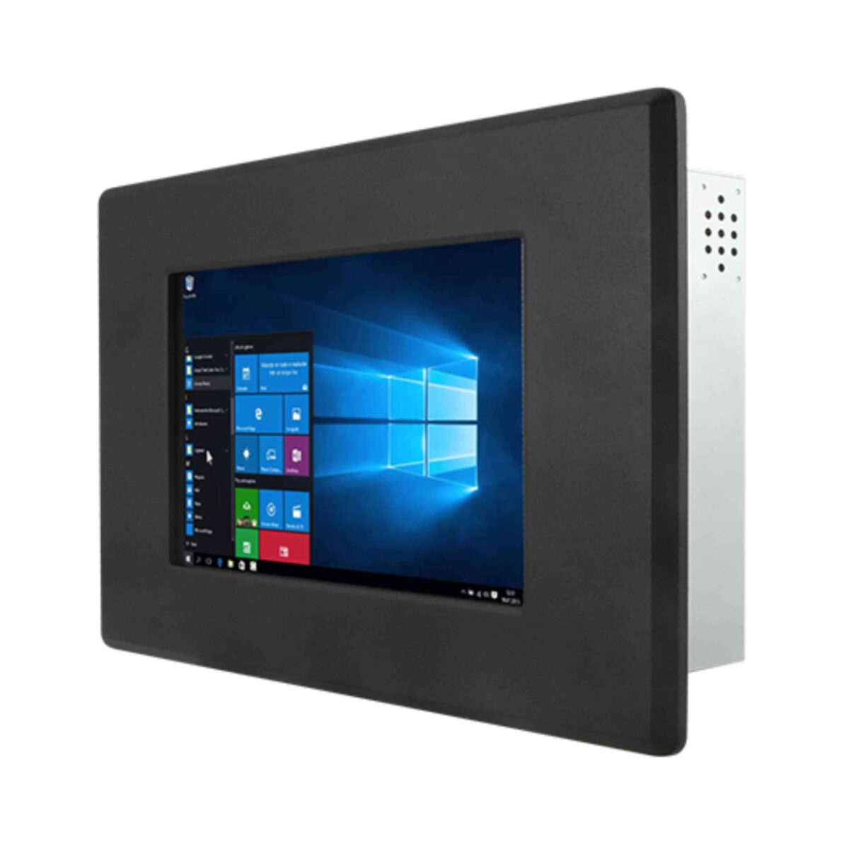 Winmate W07IE3S-PMT1 panel PC, black front bezel and rear metal chassis for panel mounting, angled view