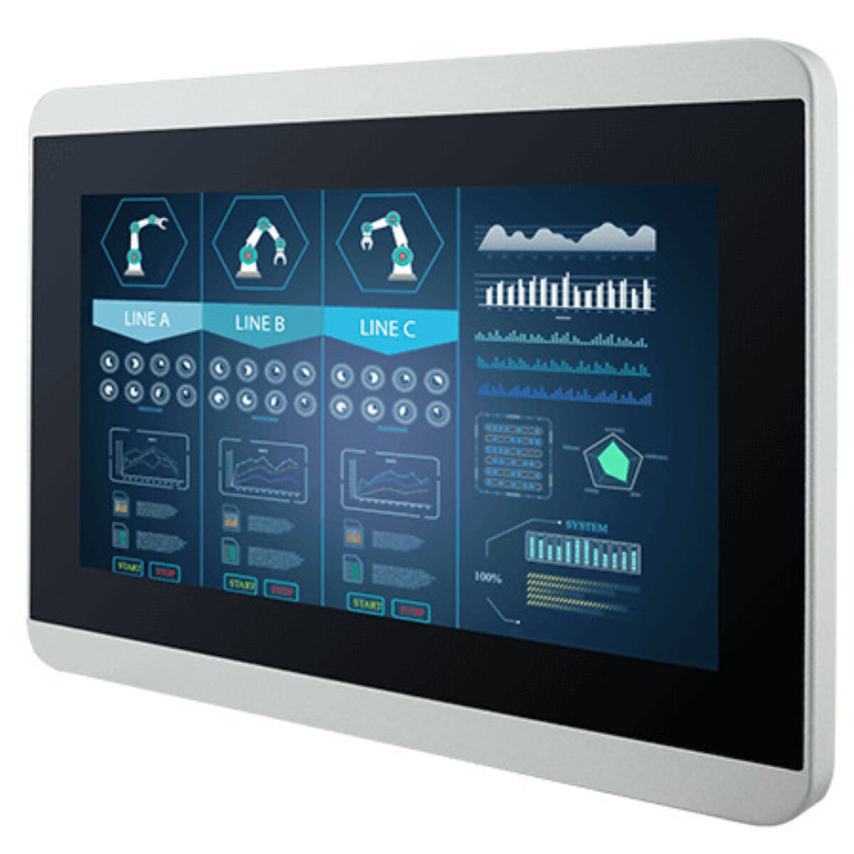 Winmate W07L100-GST1 industrial monitor, angled front view with silver aluminum bezel
