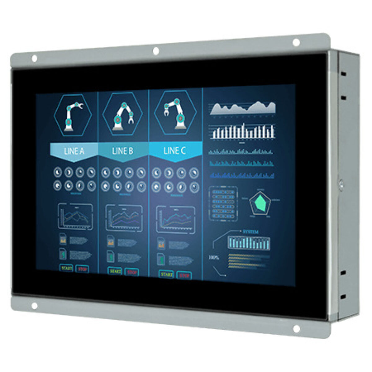 Winmate W07L100-POT1 open frame monitor, angled view showing the metal frame and mounting tabs