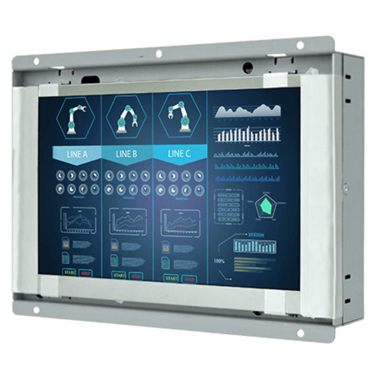 Winmate W07T700-OFA4 open frame monitor, angled front view showing the metal chassis and top flange