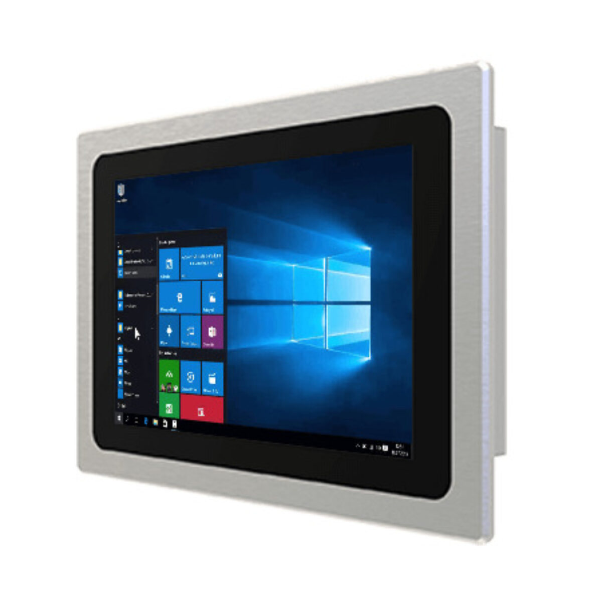 Winmate W10IE3S-PPH2 panel PC, brushed metal front bezel for panel mounting, angled view