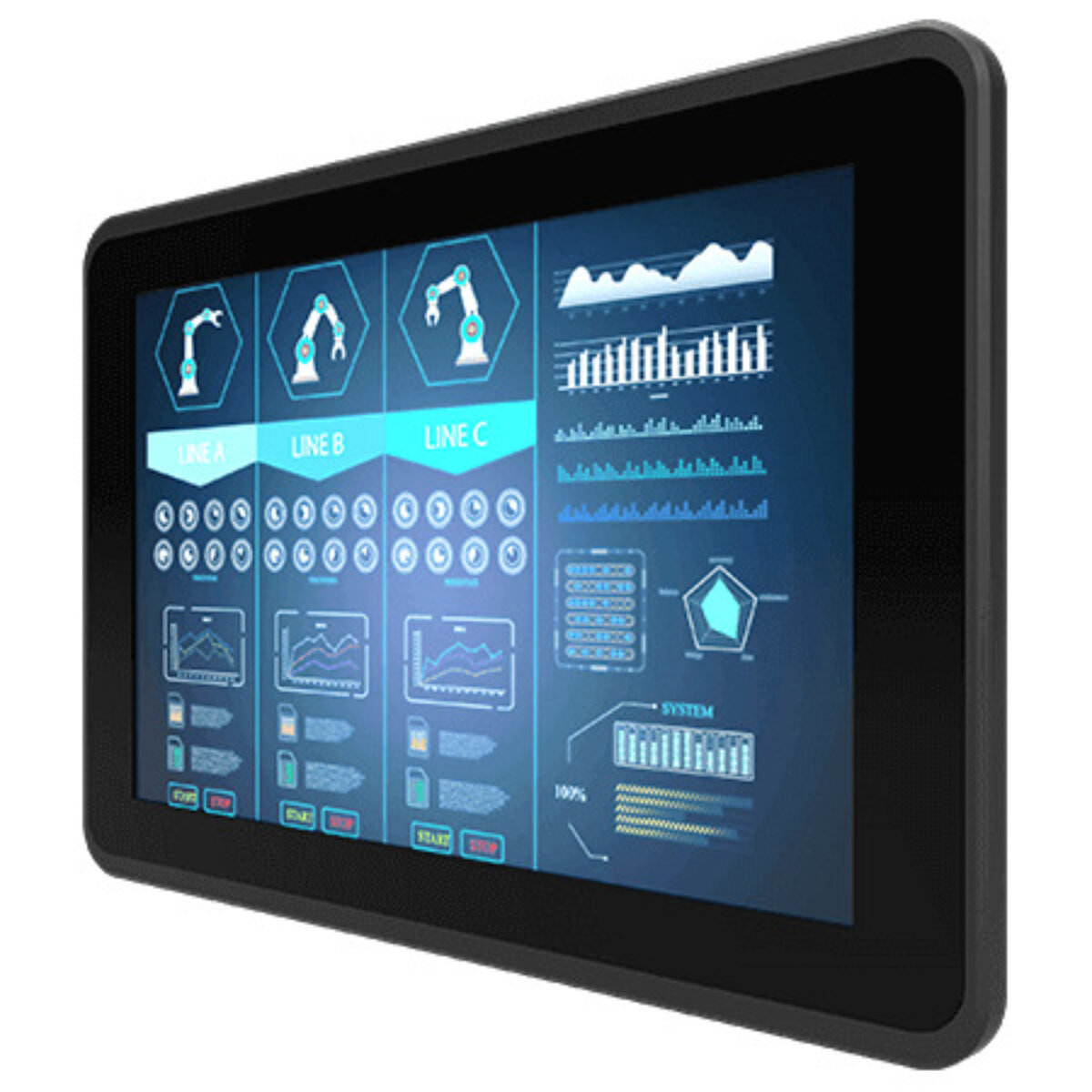 Winmate W10L100-EHH2OD panel mount monitor, angled front view with black bezel