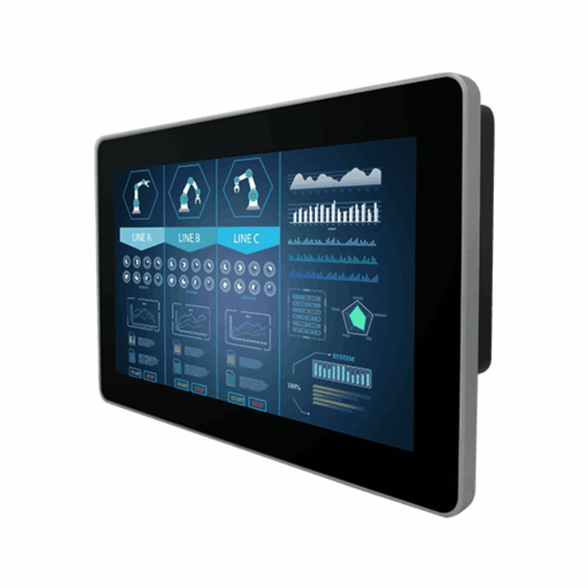 Winmate W10L100-GCH2 industrial monitor, angled view with black front and silver side trim