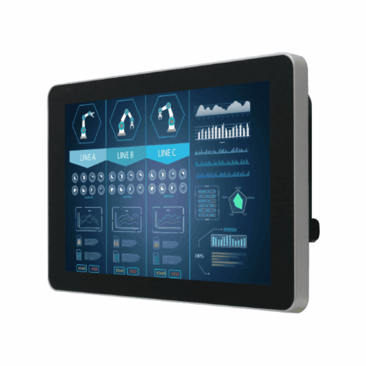 Winmate W10L100-GSH2 industrial monitor, angled view with black glass front and silver side frame