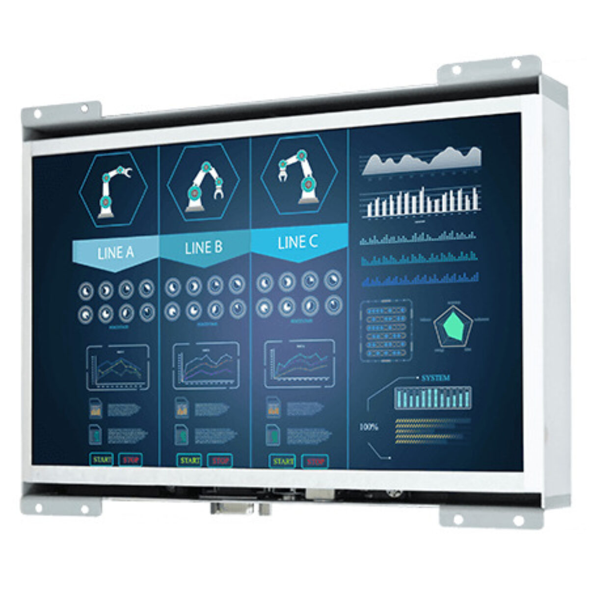 Winmate W10L100-OFH2 open frame monitor, angled view of the metal chassis and mounting brackets