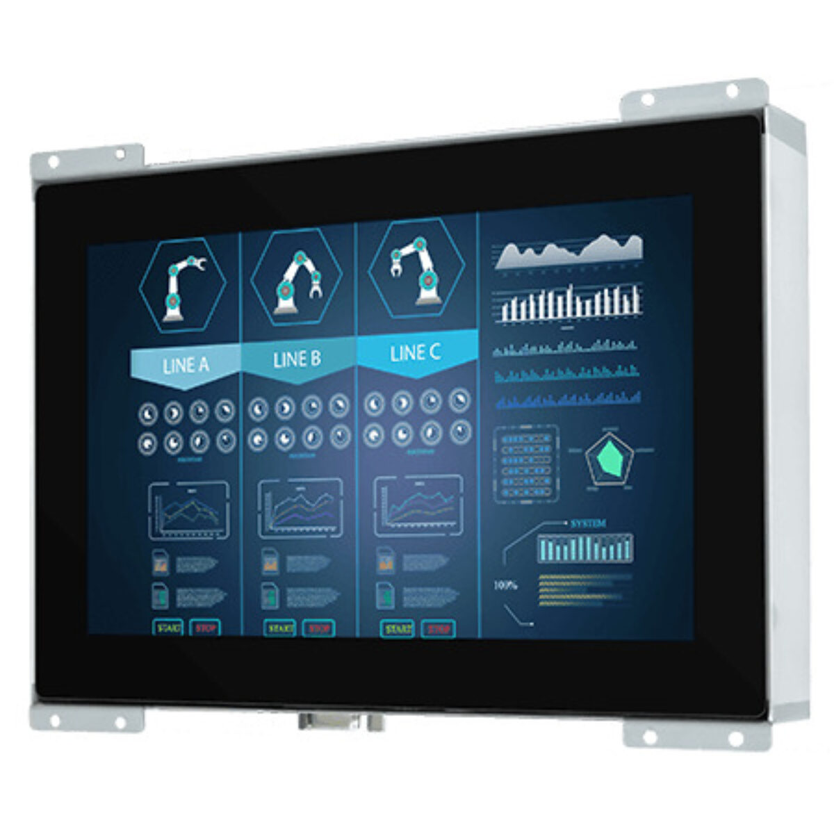 Winmate W10L100-POA1 open frame monitor, angled view with black front glass and metal mounting brackets