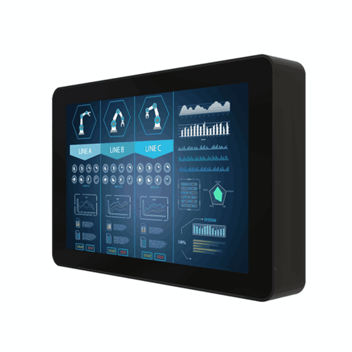 Winmate W10L100-SDH2 SDI monitor, angled view of the black metal chassis