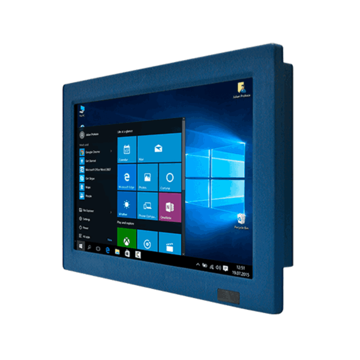 Winmate W12IB3S-VMM9(HB) vehicle mount panel PC, angled view of the blue widescreen housing