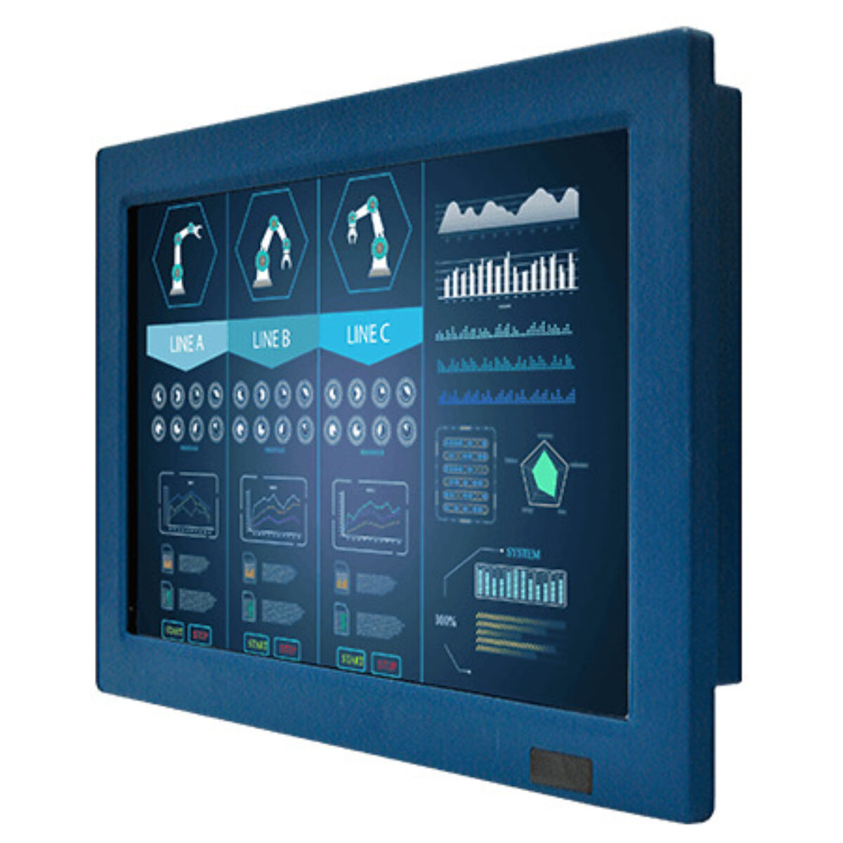 Winmate W12L100-VMM9(HB) rugged monitor, angled view of the blue aluminium housing