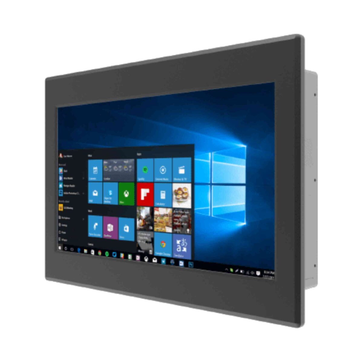 Winmate W15IT7T-PMA2 panel PC, angled front view of the grey panel mount bezel