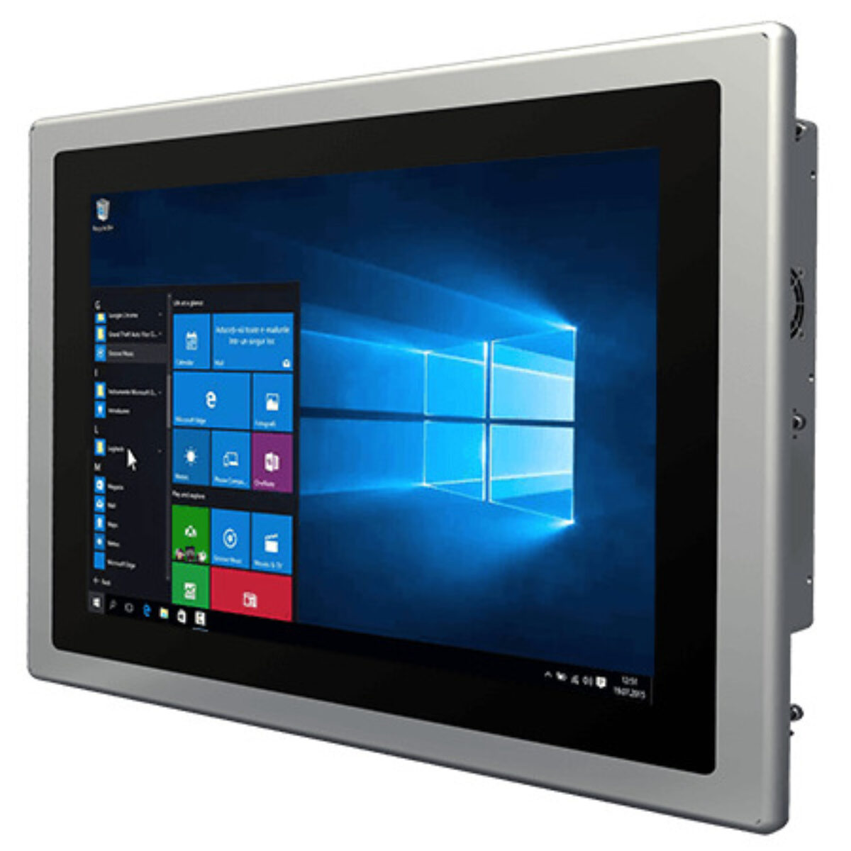 Winmate W15IT7T-PPA4 panel PC, angled front view of the silver flat front bezel