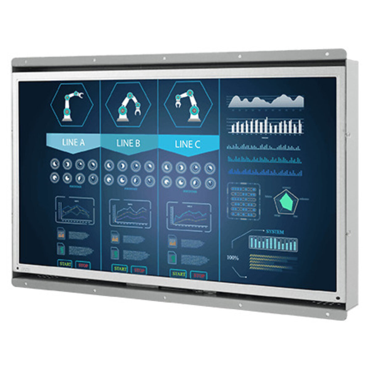 Winmate W15L100-OFA2 open frame monitor, angled view of the widescreen metal frame