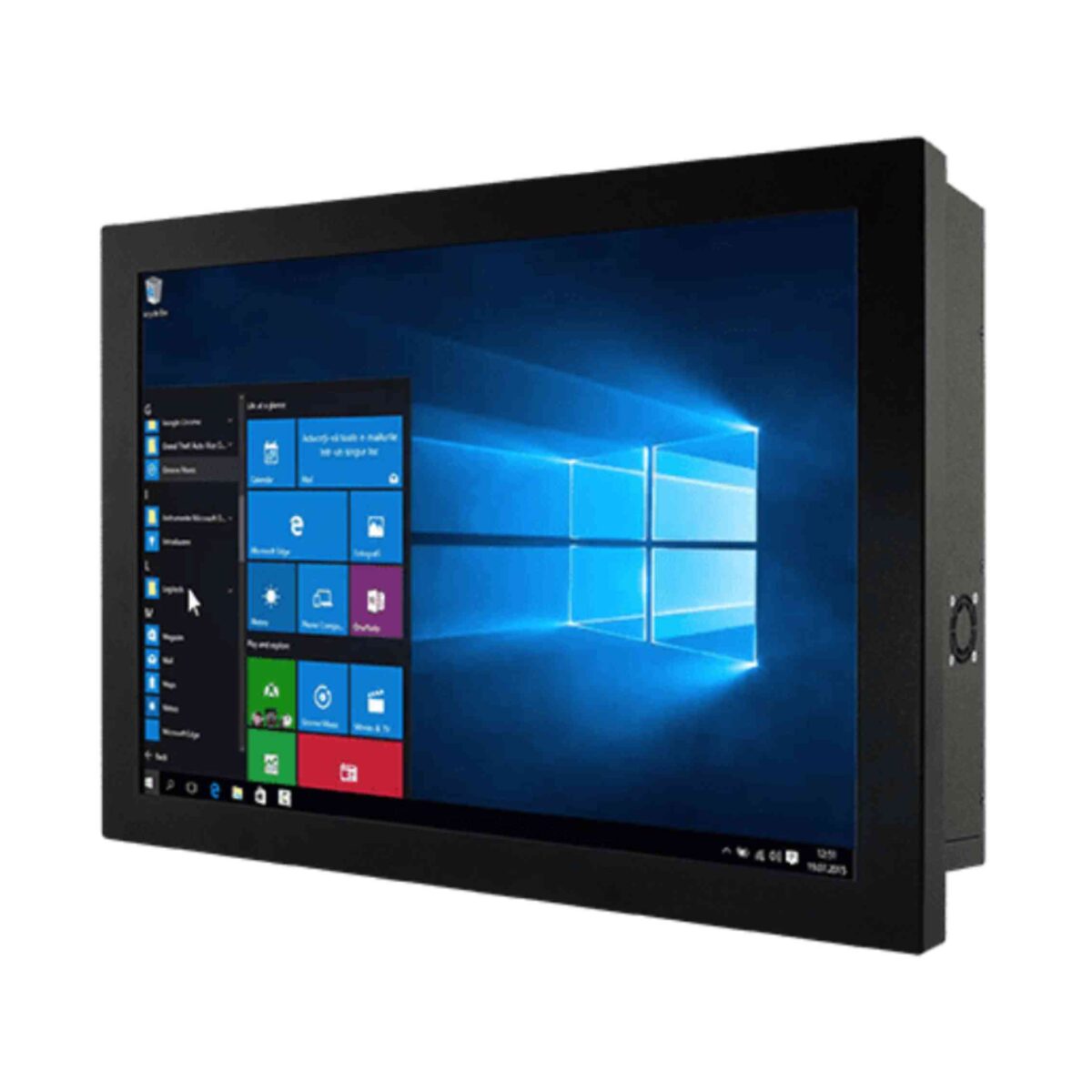 Winmate W18IF7T-CHA2 panel PC, black widescreen metal housing with side fan vent, angled view