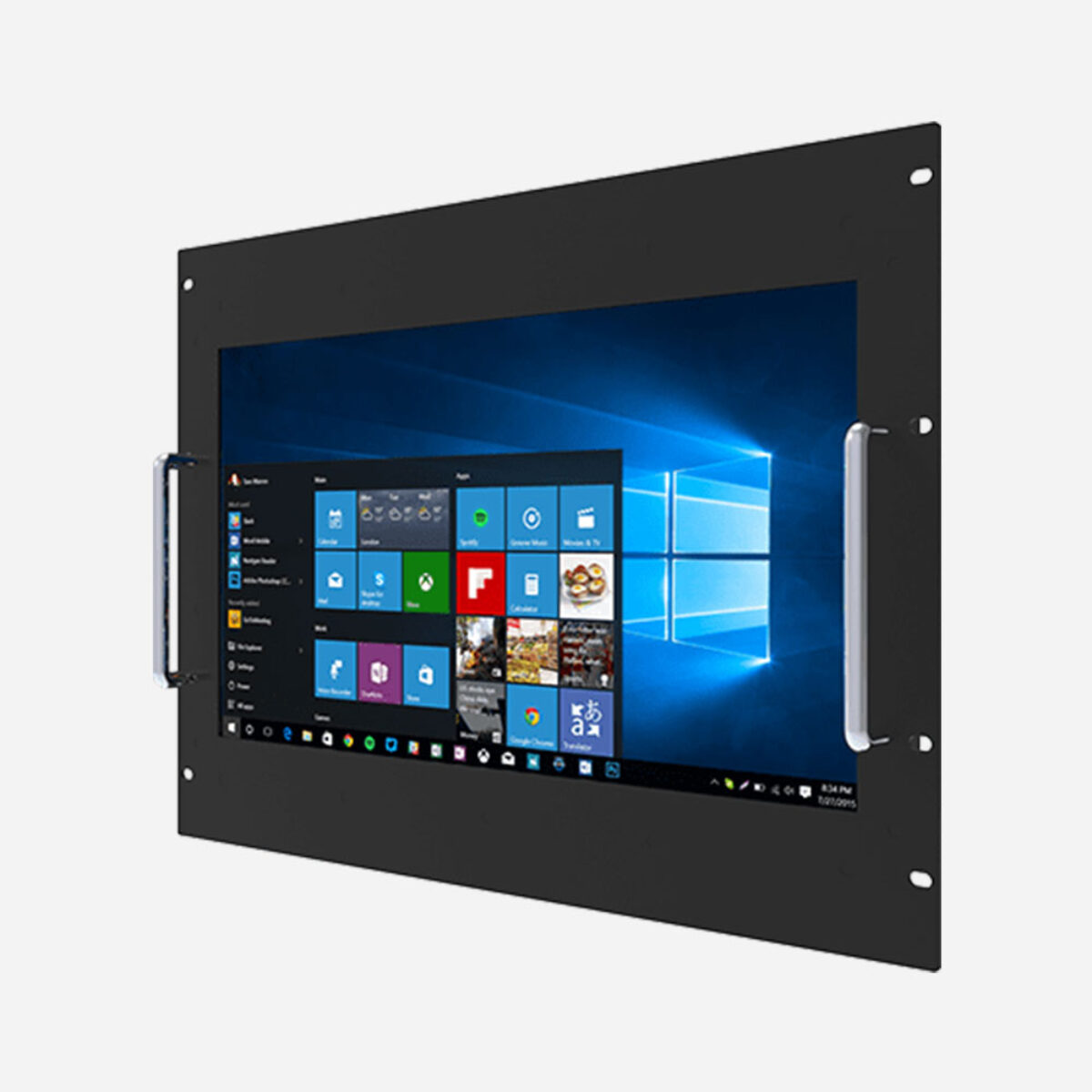 Winmate W18IT3S-RKA1 rack mount panel PC, angled view of the rack front with handles