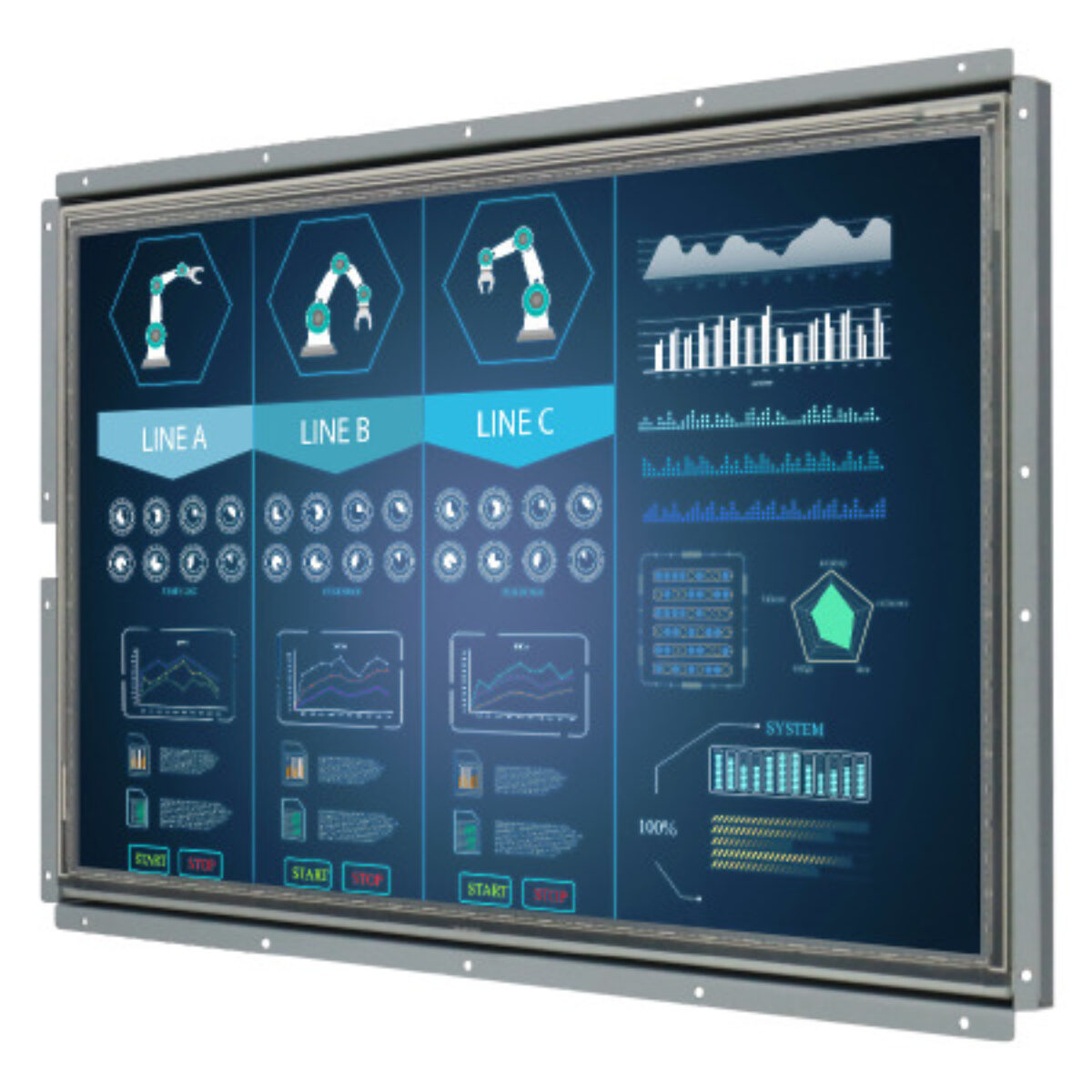 Winmate W18L100-OFA3HB open frame monitor, angled view of the metal frame