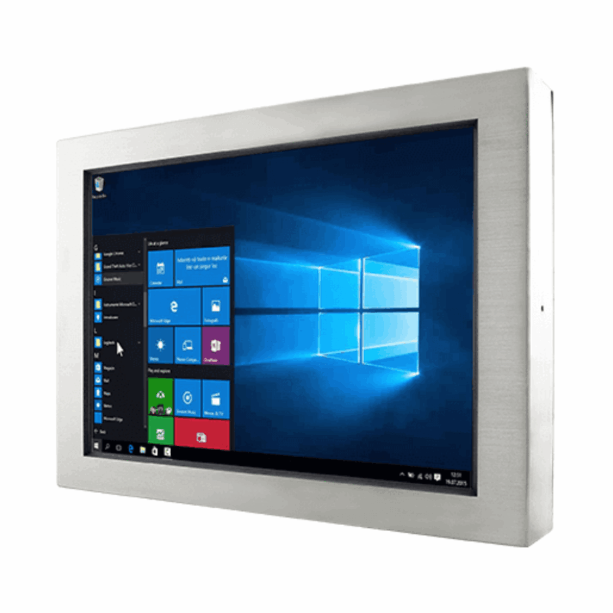 Winmate W22IE3S-65A3 panel PC, brushed stainless bezel and housing on a widescreen unit, angled view