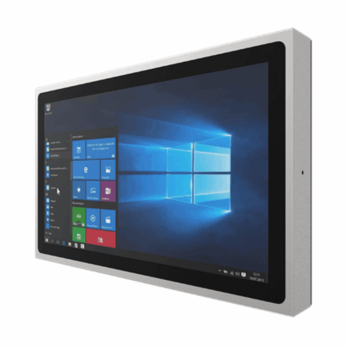 Winmate W22IE3S-SPA369 panel PC, flat black glass front in a stainless widescreen housing, angled view