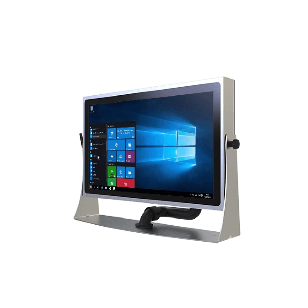 Winmate W22IT3S-SPA369-P1 stainless steel panel PC on a yoke stand with sealed conduit