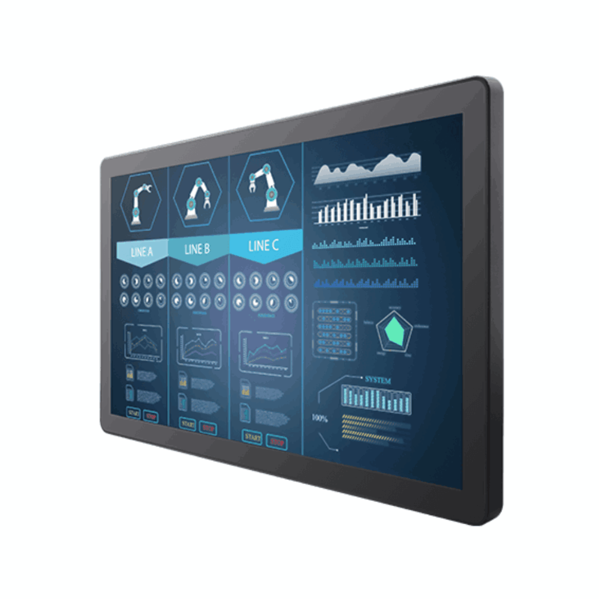 Winmate W22L100-GCA3 industrial monitor, front three-quarter view with slim black bezel