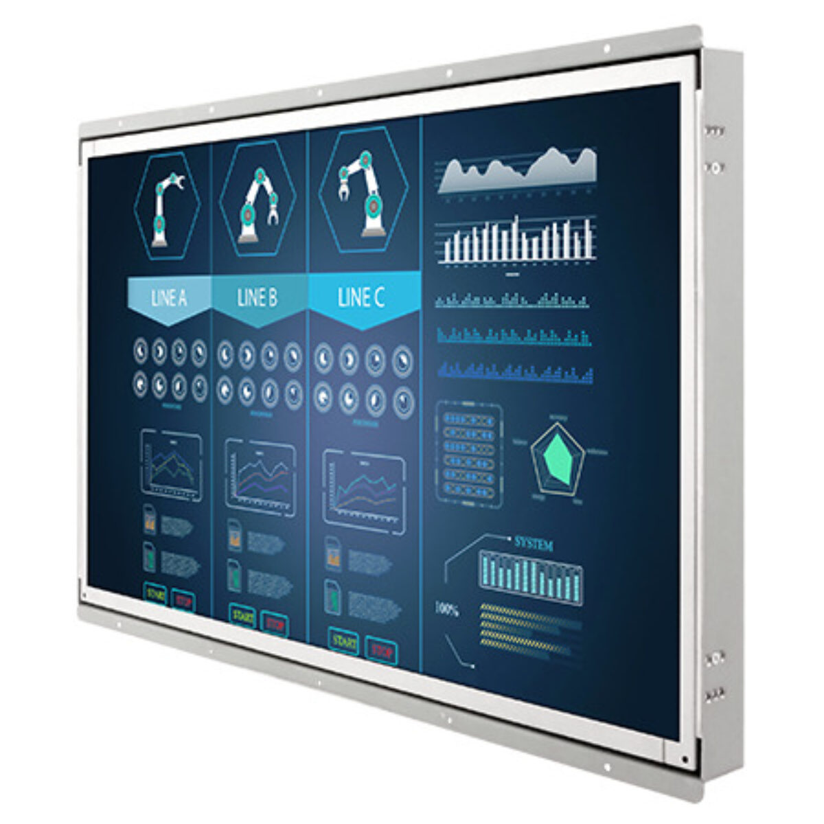 Winmate W22L100-OFA3HB open frame monitor, front three-quarter view of the metal frame