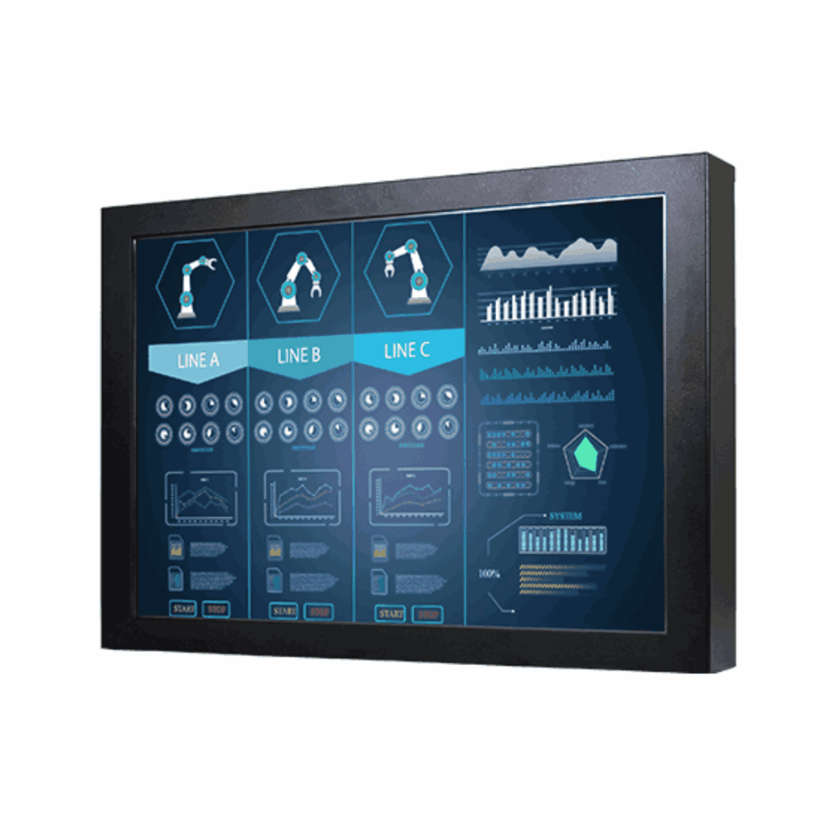 Winmate W22L100-SDA3 chassis monitor, front three-quarter view of the black metal case